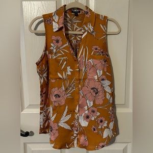 Golden Floral Sleeveless Button Up Blouse